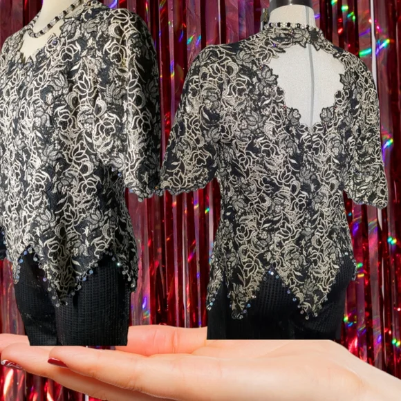 Michael Jordan Luxury Black &Gold Lace With Crystal Beads Trimmed Blouse Size M - Picture 12 of 16